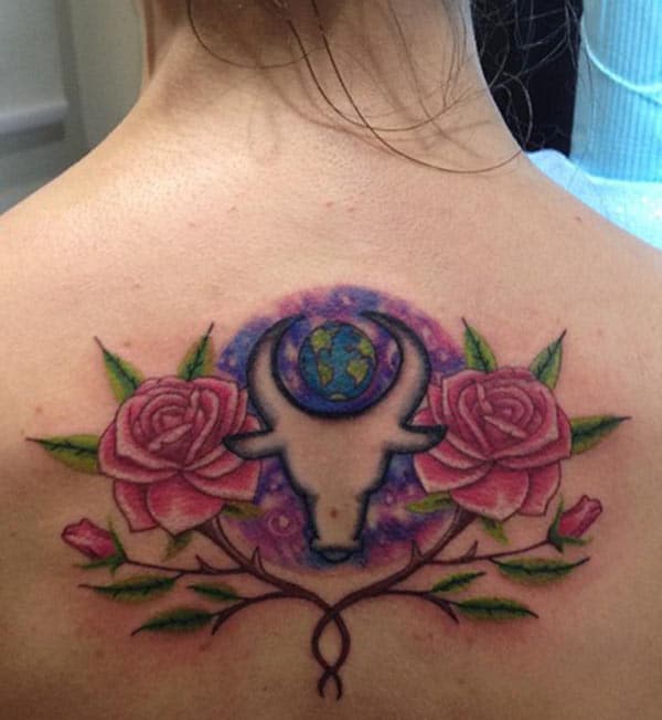 Rose flower Taurus tattoo on back is pretty for girls