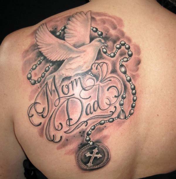 Mom, Dad Rest in Peace tattoo ink design on back