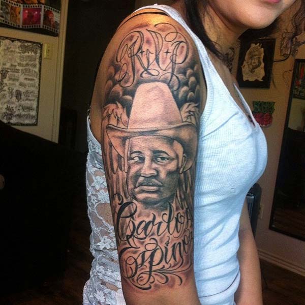 Shoulder sleeve RIP tattoo ink idea