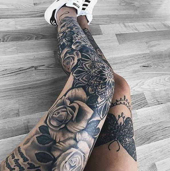 A mesmerizing tattoo on leg sleeve for Ladies