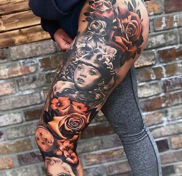 A mind blowing full sleeve leg tattoo for Women
