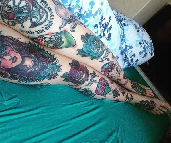 Vibrant full sleeve leg tattoo design for Ladies