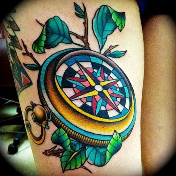 Compass Tattoo on Thigh