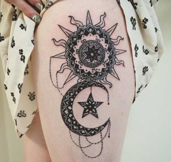 thigh sun and moon tattoos