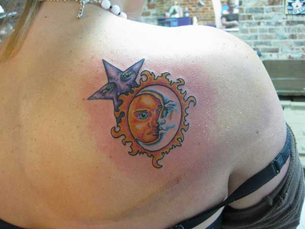 colorful sun and moon tattoos