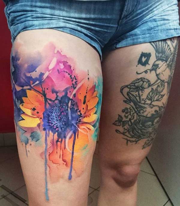 thigh sunflower tattoos
