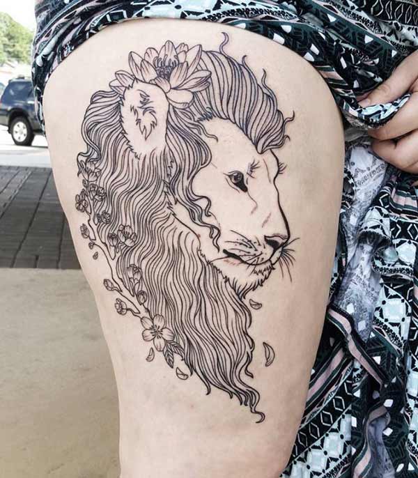 cool lion king thigh tattoo ink idea for girl