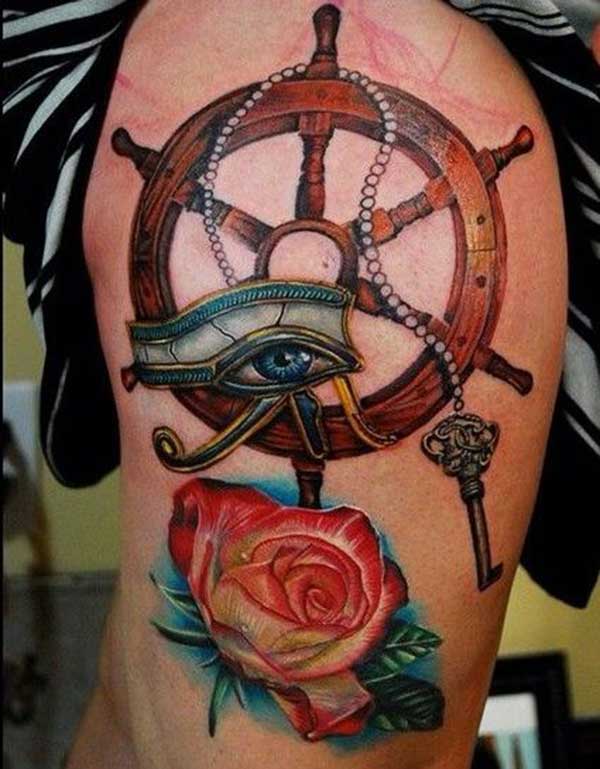 colorful anchor and Rose Thigh Tattoo ink idea for girl