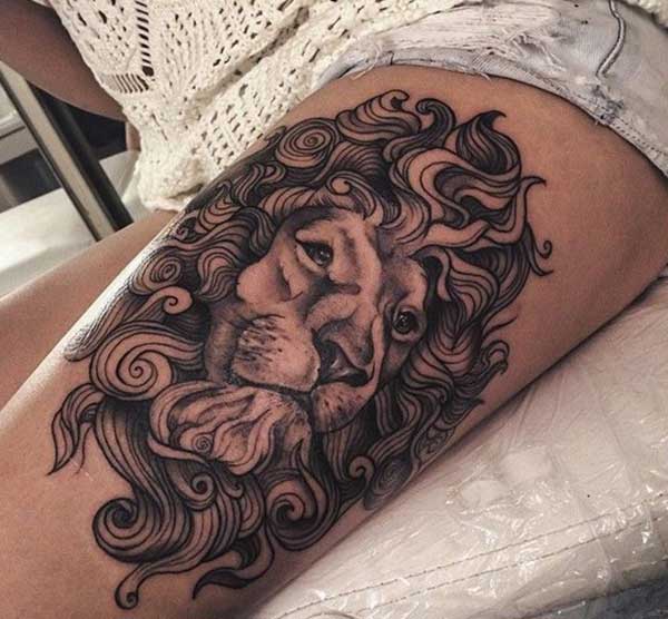 lion face tattoo ink artwork idea on thigh