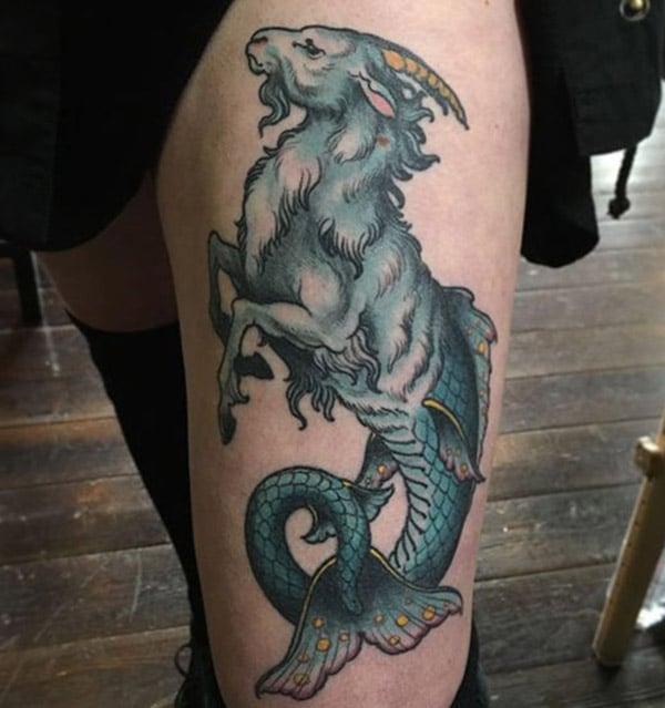 The Capricorn tattoo on the left side thigh, brings the loyalty look in girls