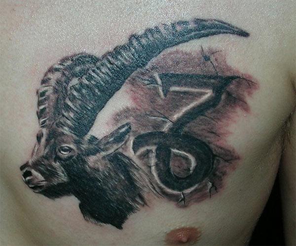 The Capricorn tattoo on the upper chest with long horns make a man look swagger