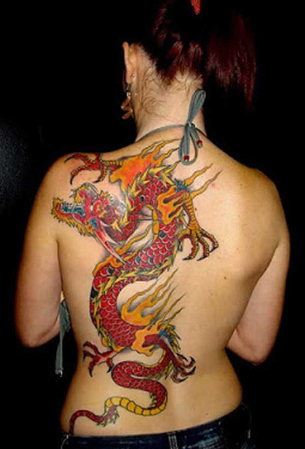 Full back colorful dragon tattoo design idea for ladies