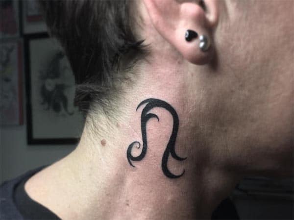 Leo Tattoo with a dark ink design on the neck matches the dark hair of the girl to make them look elegant