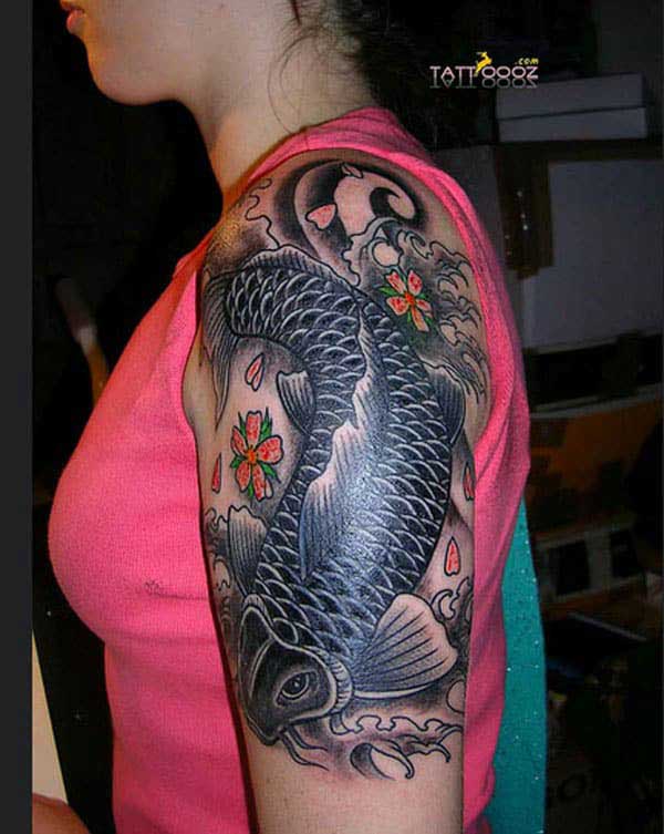 Koi Fish tattoo idea on shoulder for women