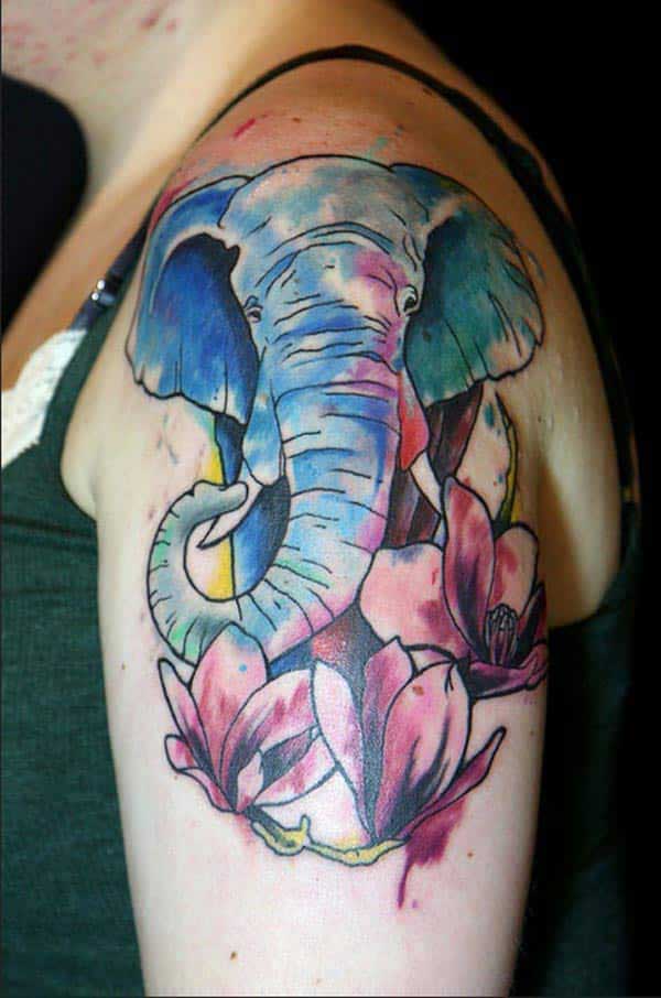 Colourful Elephant shoulder tattoo ink idea for women