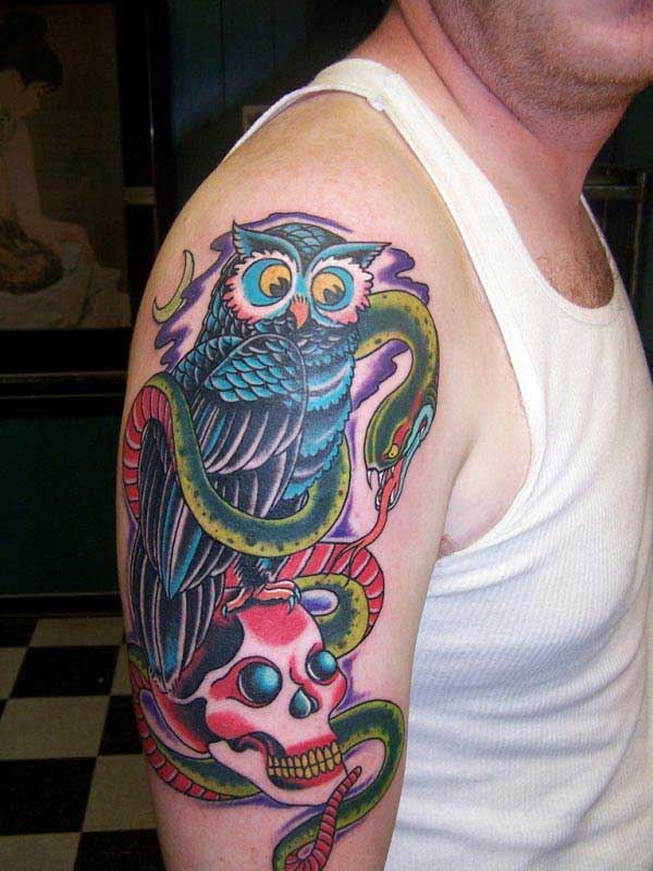 Colourful Owl Shoulder Tattoo