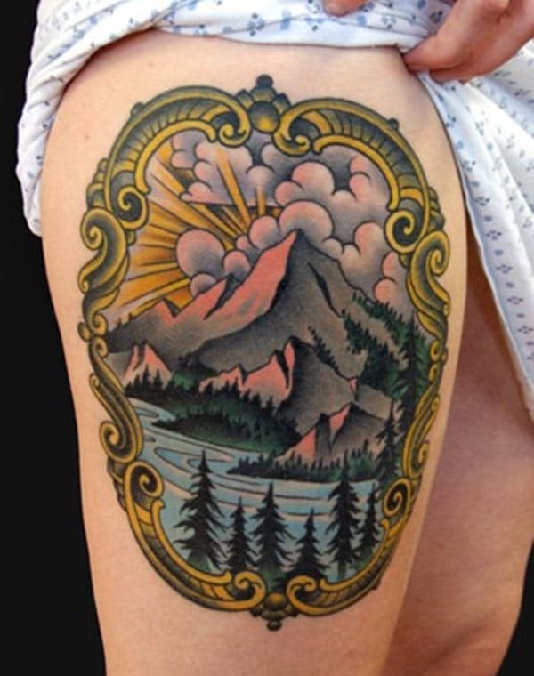 Makes a divine Mountain Tattoo on the side thigh to flaunt it