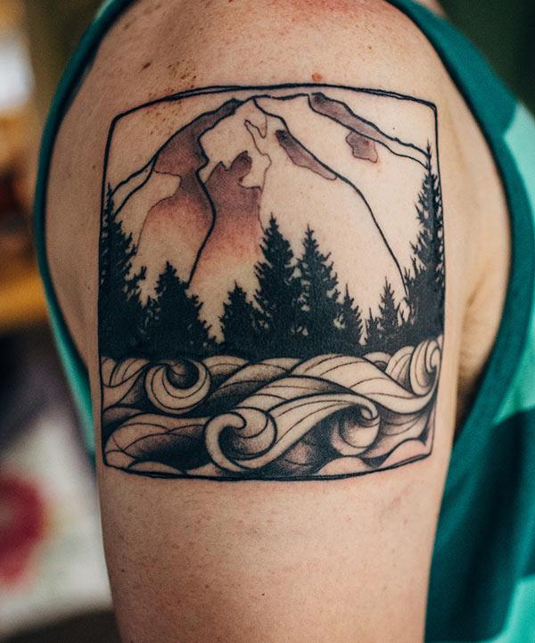 Mountain Tattoo on the shoulder makes a man look spruce