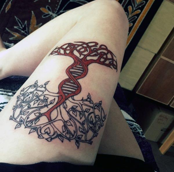 Tree of Life tattoo on the side thigh brings a feminist look