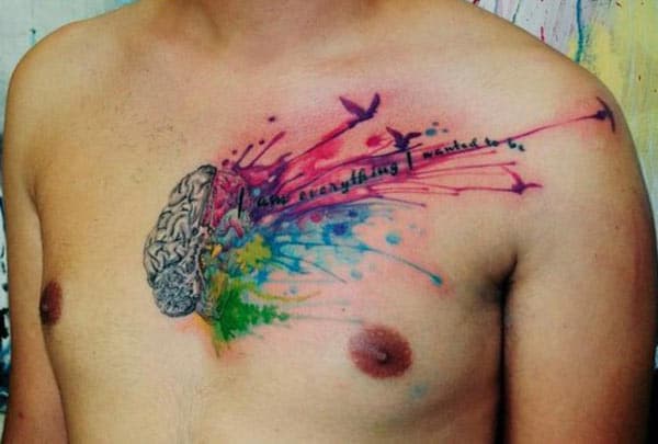 Watercolor tattoo on the chest make a man look cool