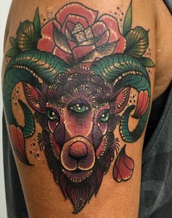 Colorful Aries arm tattoo design idea for guys