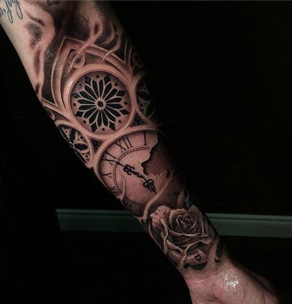 Cool 3D clock tattoo ink design idea with roses