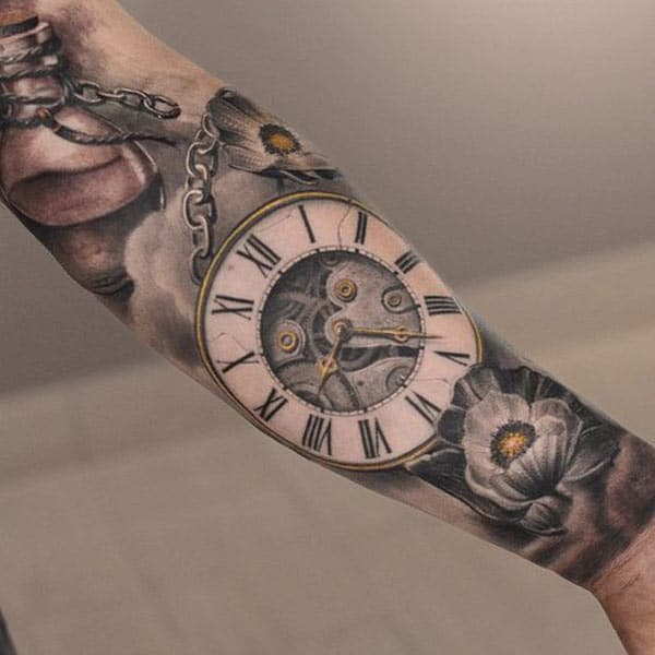 Clock half sleeve tattoo ink idea for boys