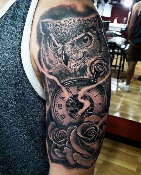Owl and roman pocket clock tattoo ink idea