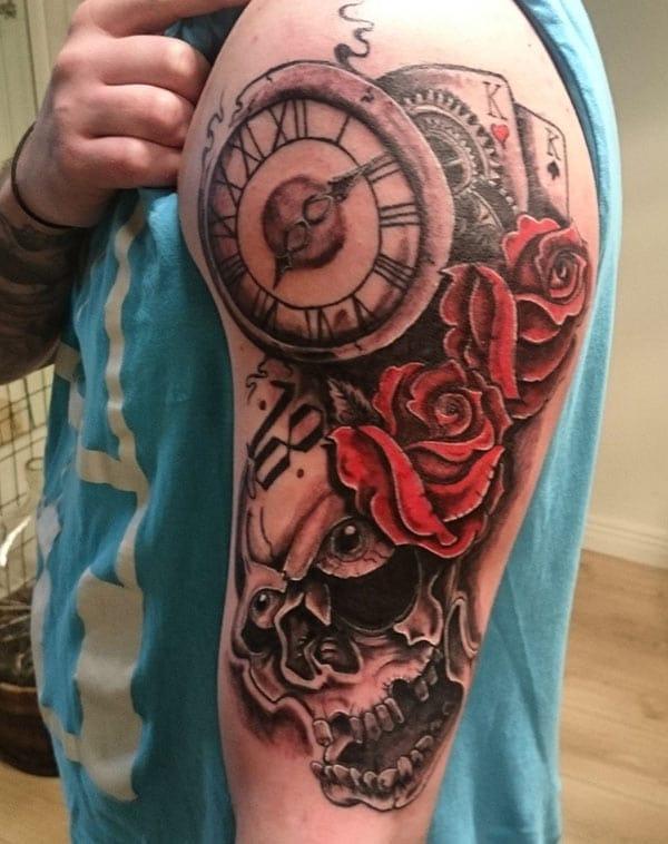 Skull and red rose clock sleeve tattoo ink idea for boys