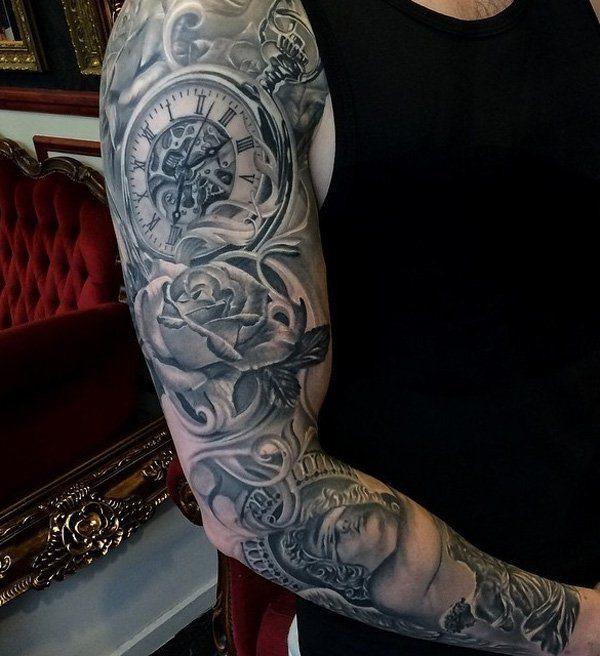 Full sleeve clock tattoo ink idea with roses