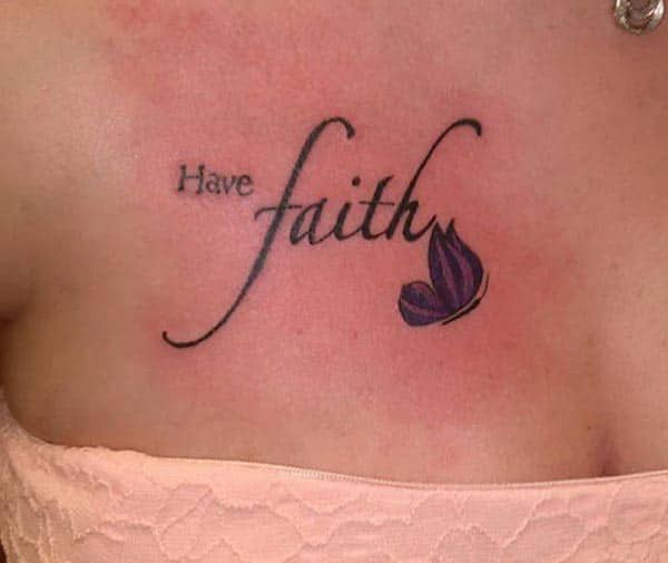 Faith tattoo on the upper chest brings a feminist look