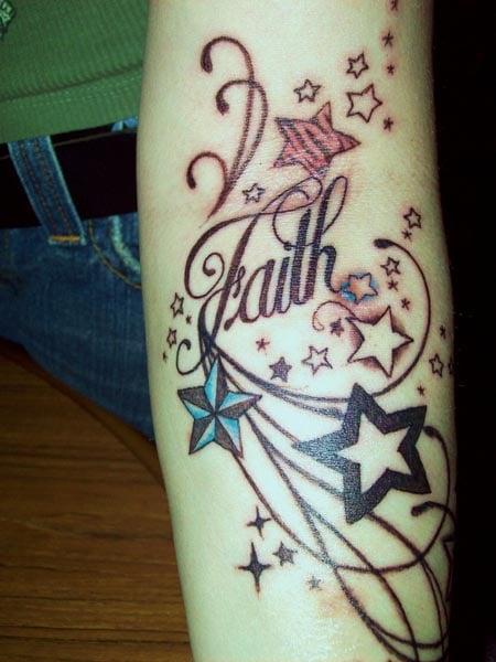 try the colorful star faith tattoo on lower hand