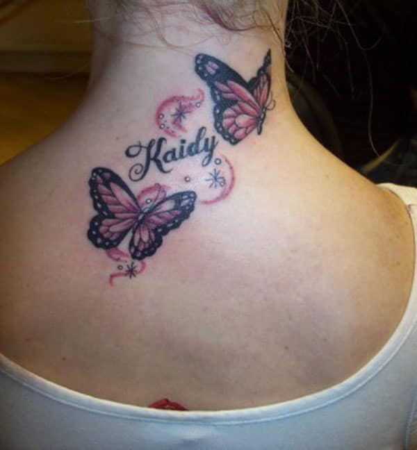 Name Tattoo with a butterfly design on the back neck brings the famine look