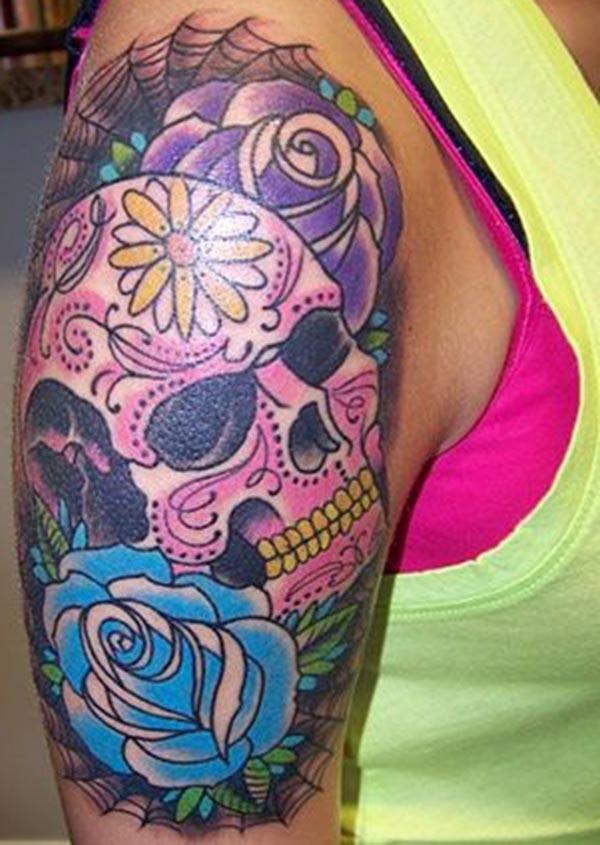 The full sugar skull tattoo for girl’s arm up to soldier