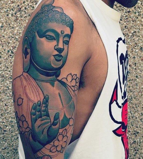 Buddha Tattoo for men with a brown ink design make them look smart