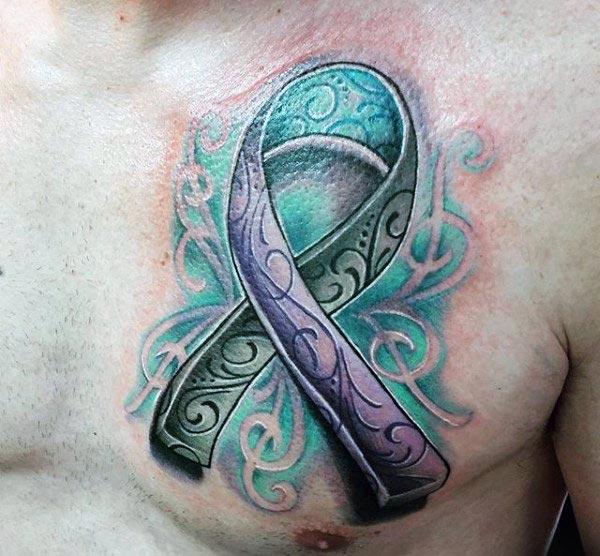 Cancer Ribbon tattoo on the upper chest brings the dire moments