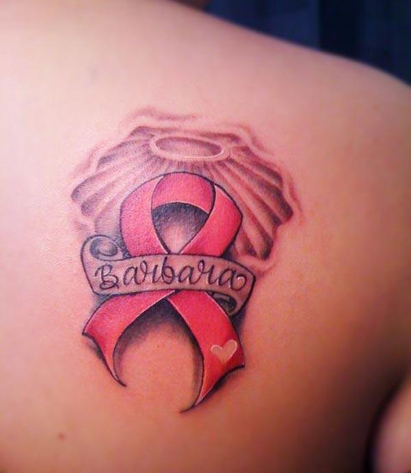 Cancer Ribbon tattoo on the back brings the dismal look