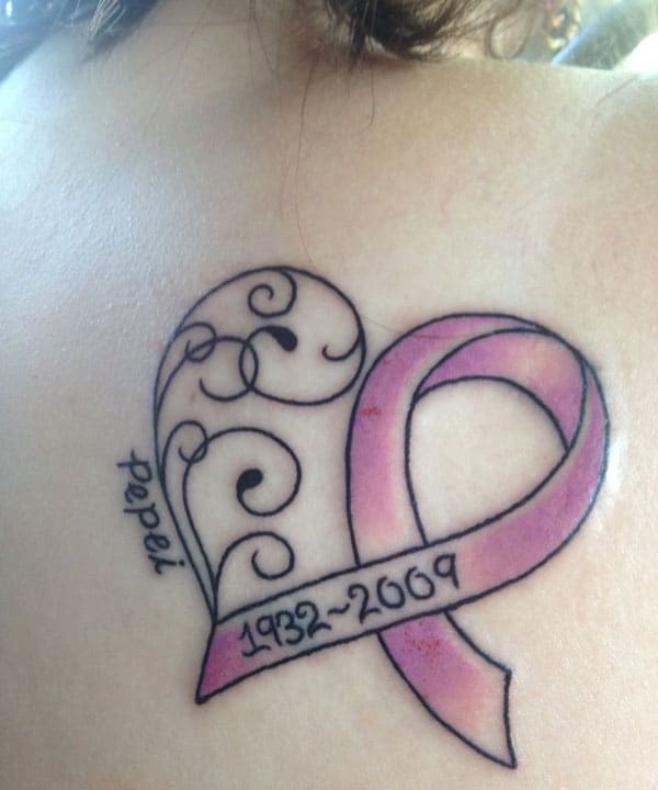 Cancer Ribbon tattoo on the back shows the mournful moments