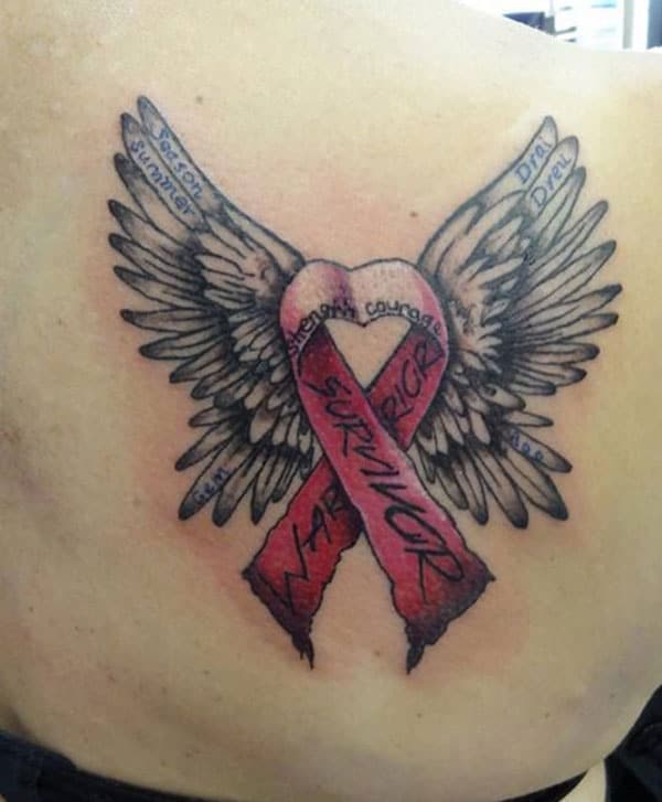 Cancer Ribbon tattoo on the back brings the disconsolate look