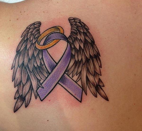 Cancer Ribbon tattoo on the back gives a glum moment