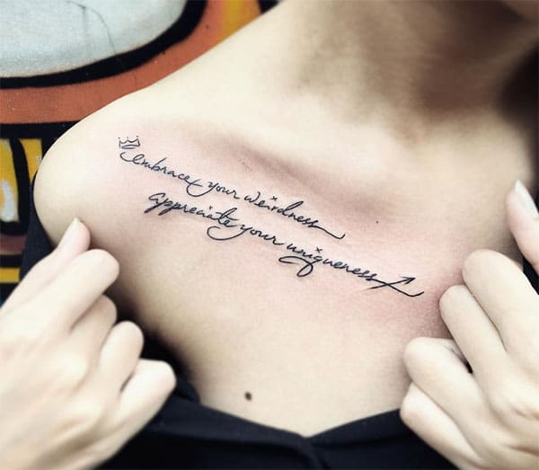 Collar Bone Tattoo with a black writing ink design make them look adorable