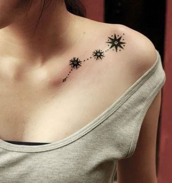 Collar Bone Tattoo with a black ink design stars brings the captivating look