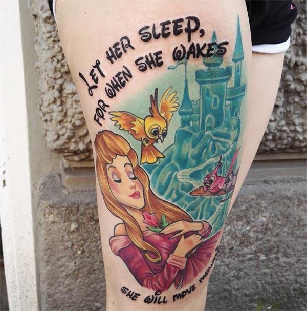 Disney Tattoo on the side thigh gives the girls an attractive look