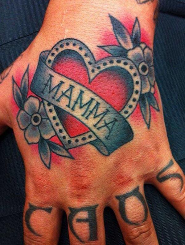 Mom tattoo with a love flower, ink design on the hand makes a man look elegant