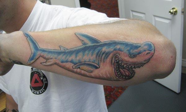 Shark Tattoo with a blue ink design on the lower arm shows their foxy look