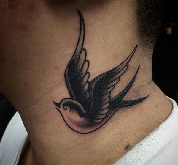Sparrow tattoo on the side neck make a man look cute