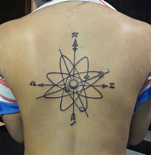 Black ink design of the Atomic Tattoo with compass on the back of ladies make them look attractive