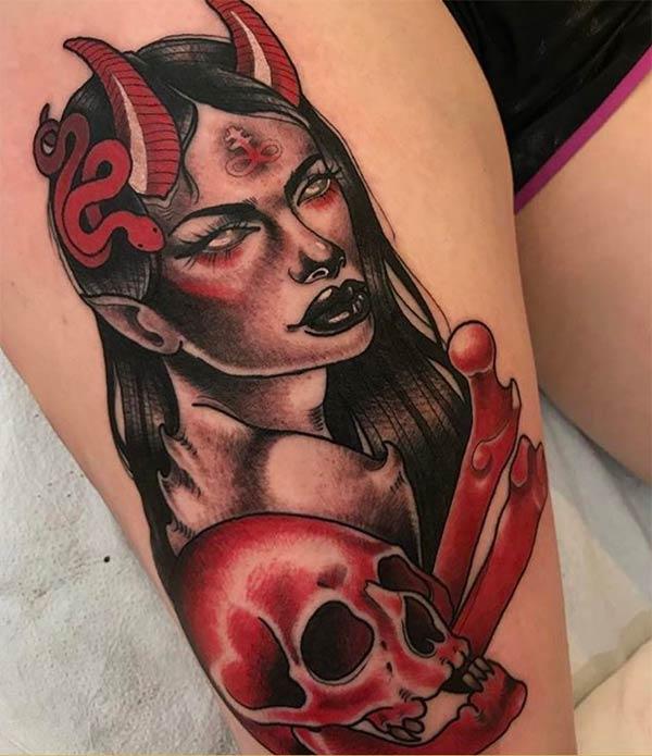 Devil Tattoo for the upper thigh brings their feminist look. 