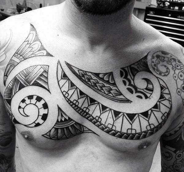 Magnificent decorative chest tribal Polynesian tattoo ideas for Men