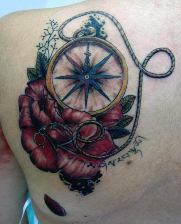 breathtaking compass on rose tattoo design on back shoulder for ladies